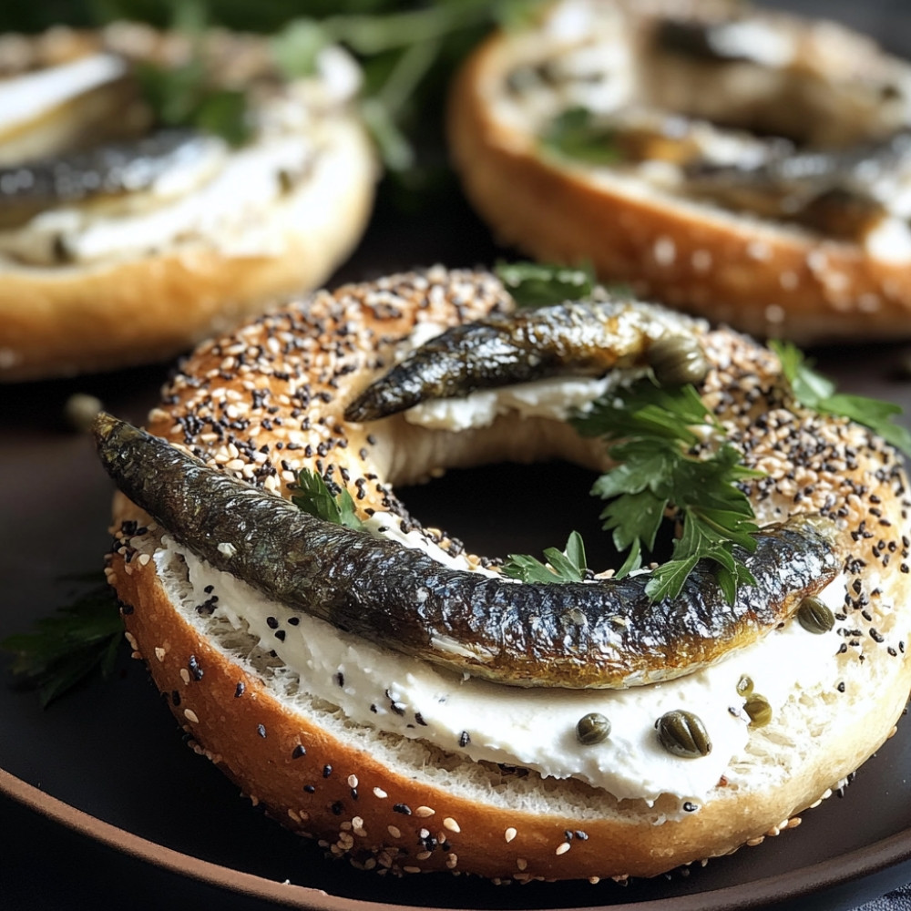 Bagels aux sardines, fromage à la crème et câpres