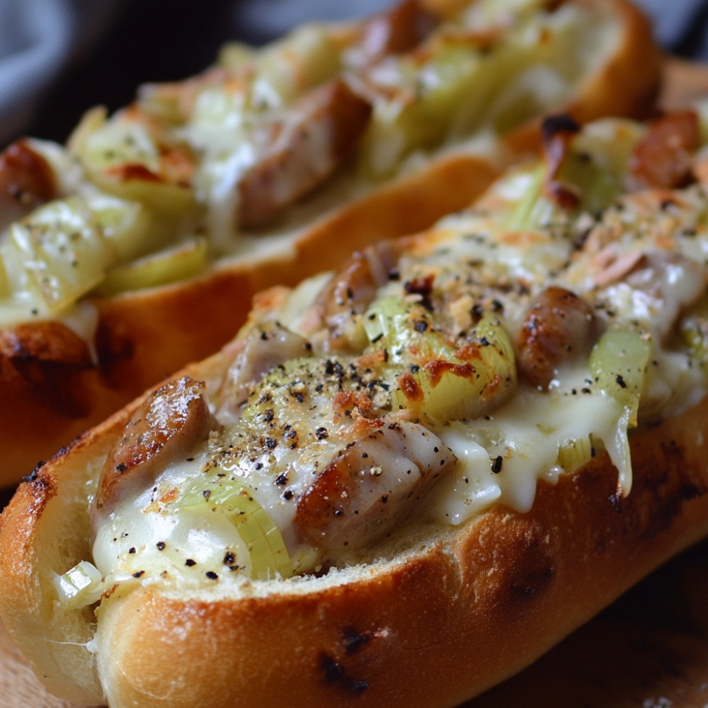 Baguette aux saucisses, poireaux et fromage à la crème