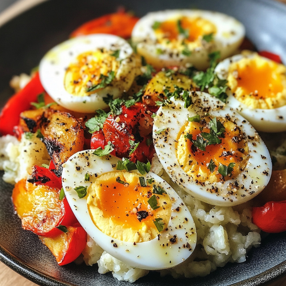 Bols aux œufs mollets, légumes rôtis et riz de chou-fleur