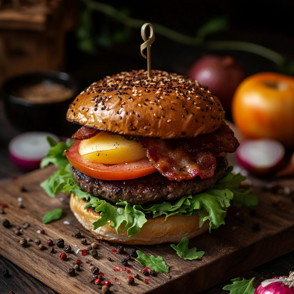 Burger de boeuf, pomme et bacon