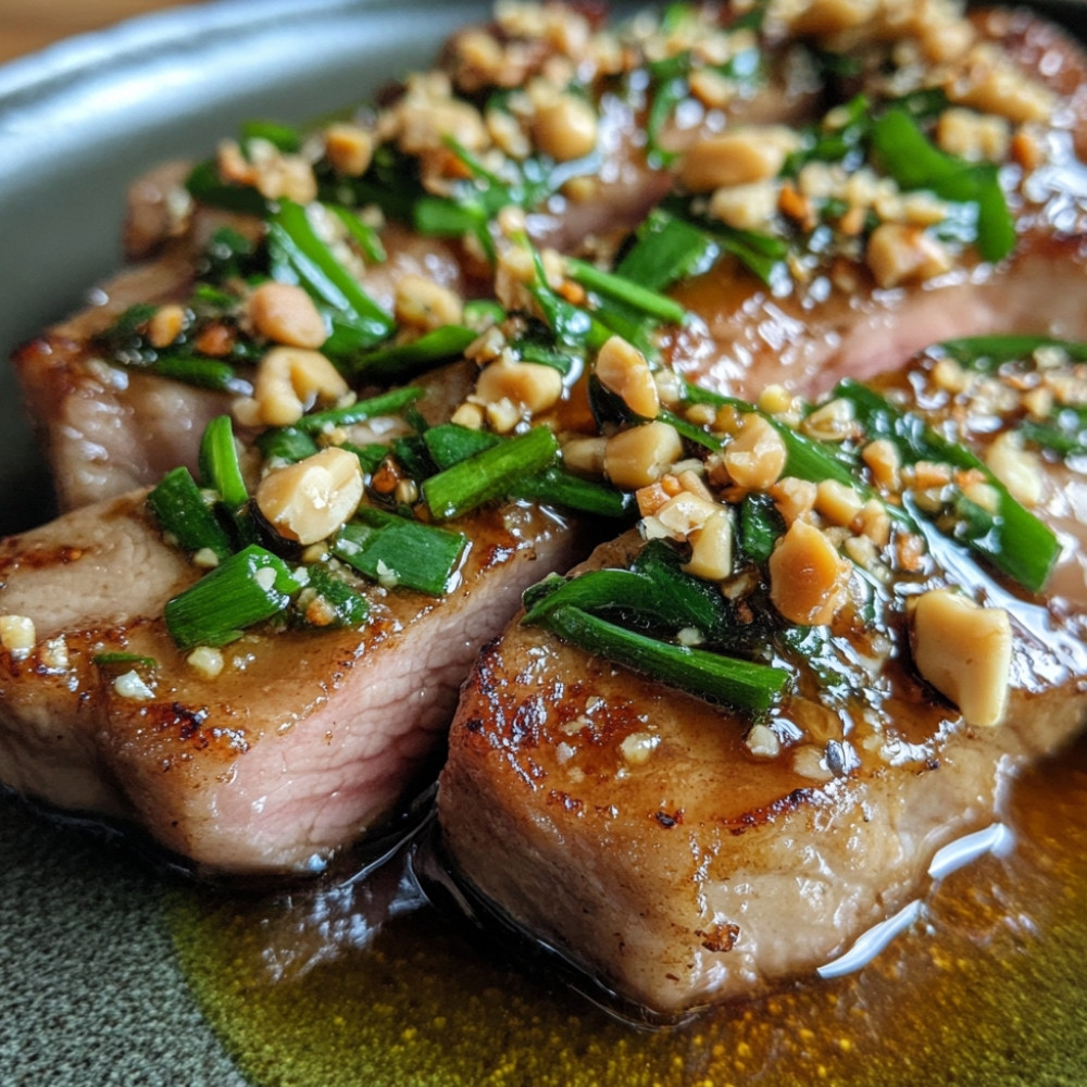 Côtelettes de longe de veau marinées au tamari, sauce aux arachides