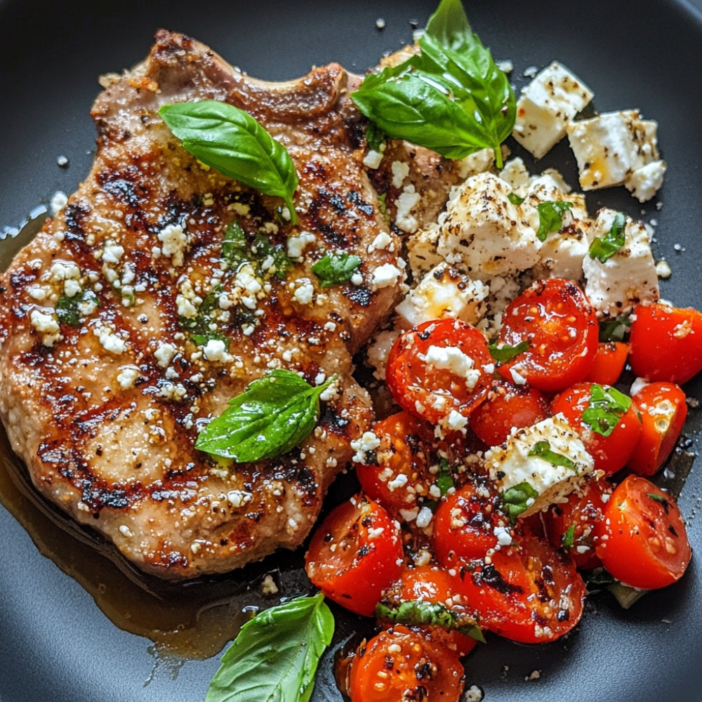 Côtelettes de porc en croûte, salade de tomates et feta