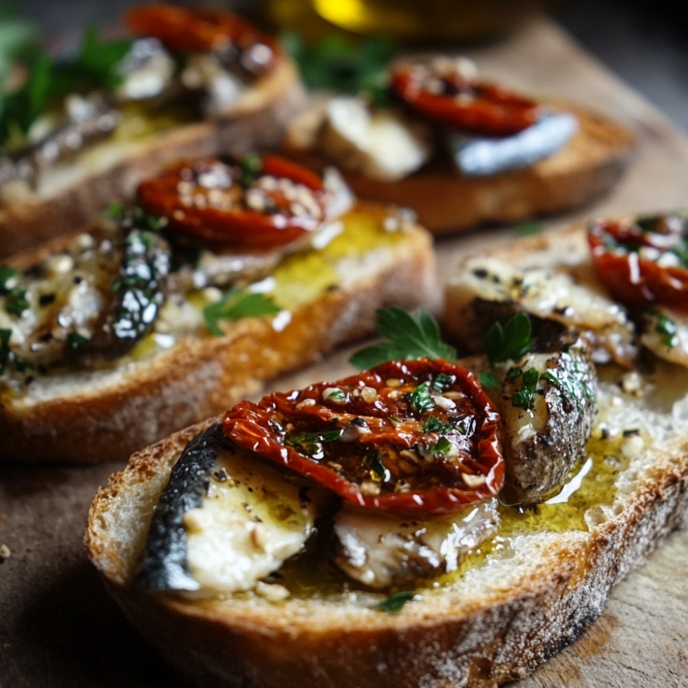 Crostinis avec feta fouettée, sardines et tomates confites