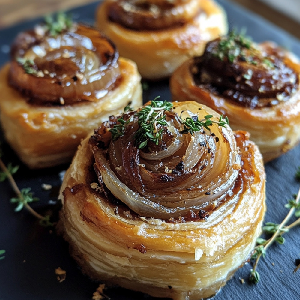 Feuilletés roulés à l'effiloché de canard, oignons confits et brie