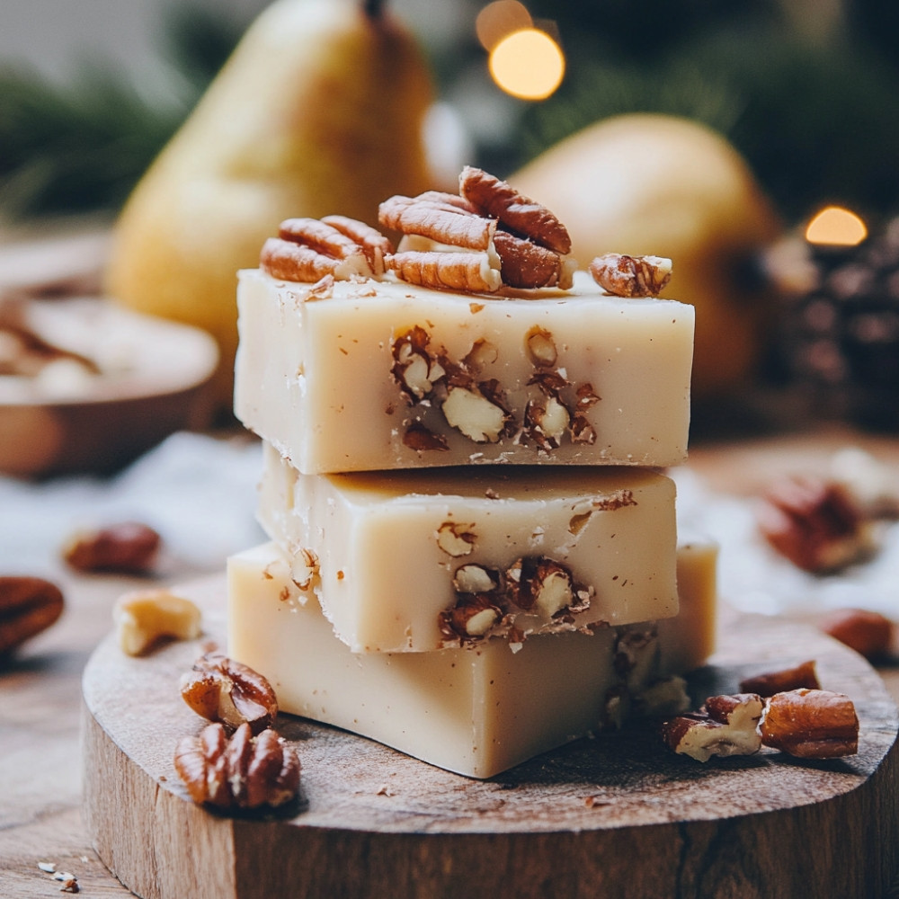 Fudge au chocolat blanc, pacanes et caramel à la poire