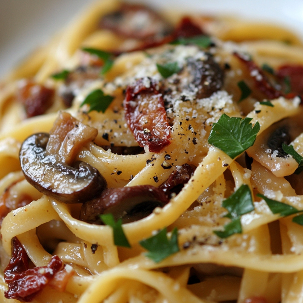 Linguines frais aux champignons, tomates séchées et pancetta