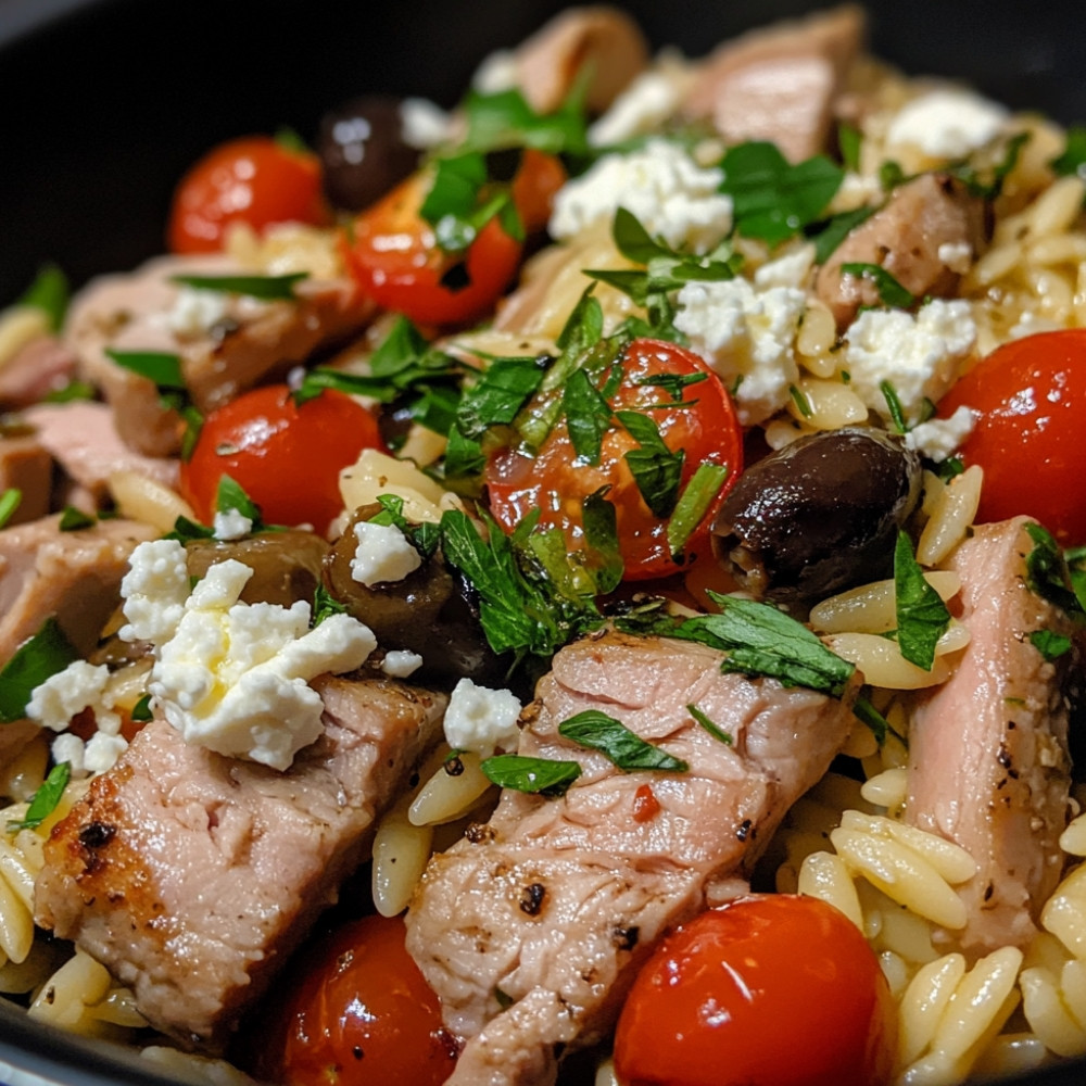 Porc mariné à l'italienne, orzo, feta et olives