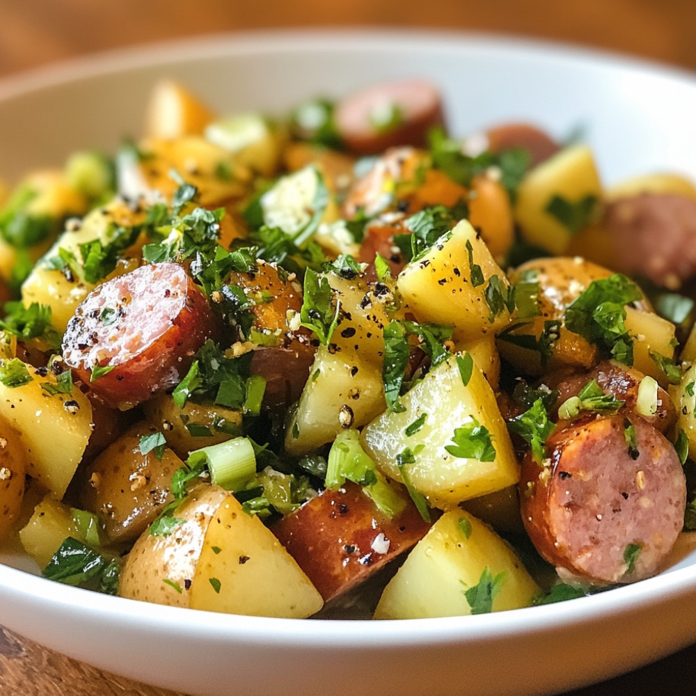 Salade de pommes de terre avec saucisse et vinaigrette à la moutarde à grains