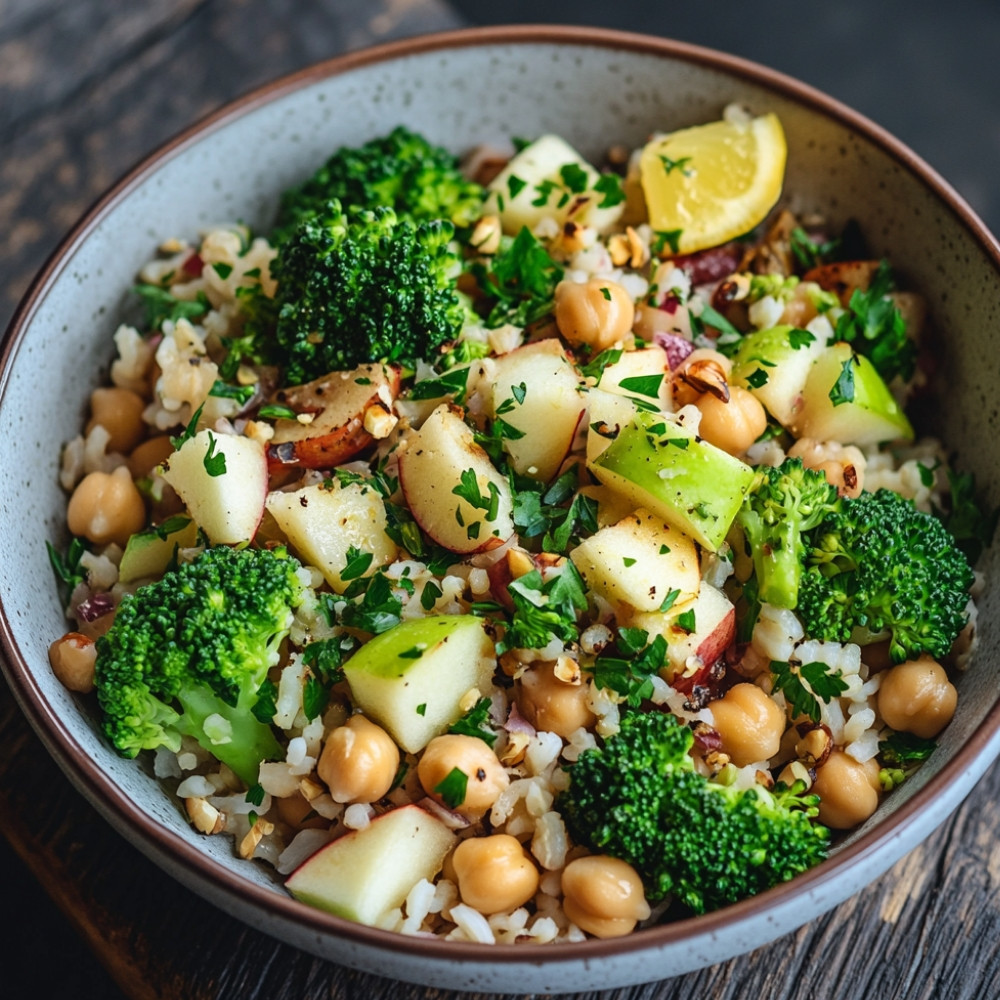 Salade de riz, pois chiches, brocoli et pommes