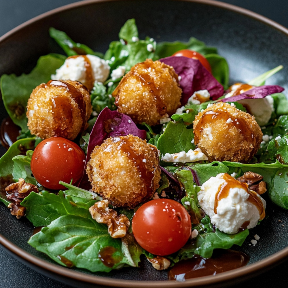 Salade garnie de boules de chèvre frites, vinaigrette au caramel framboises