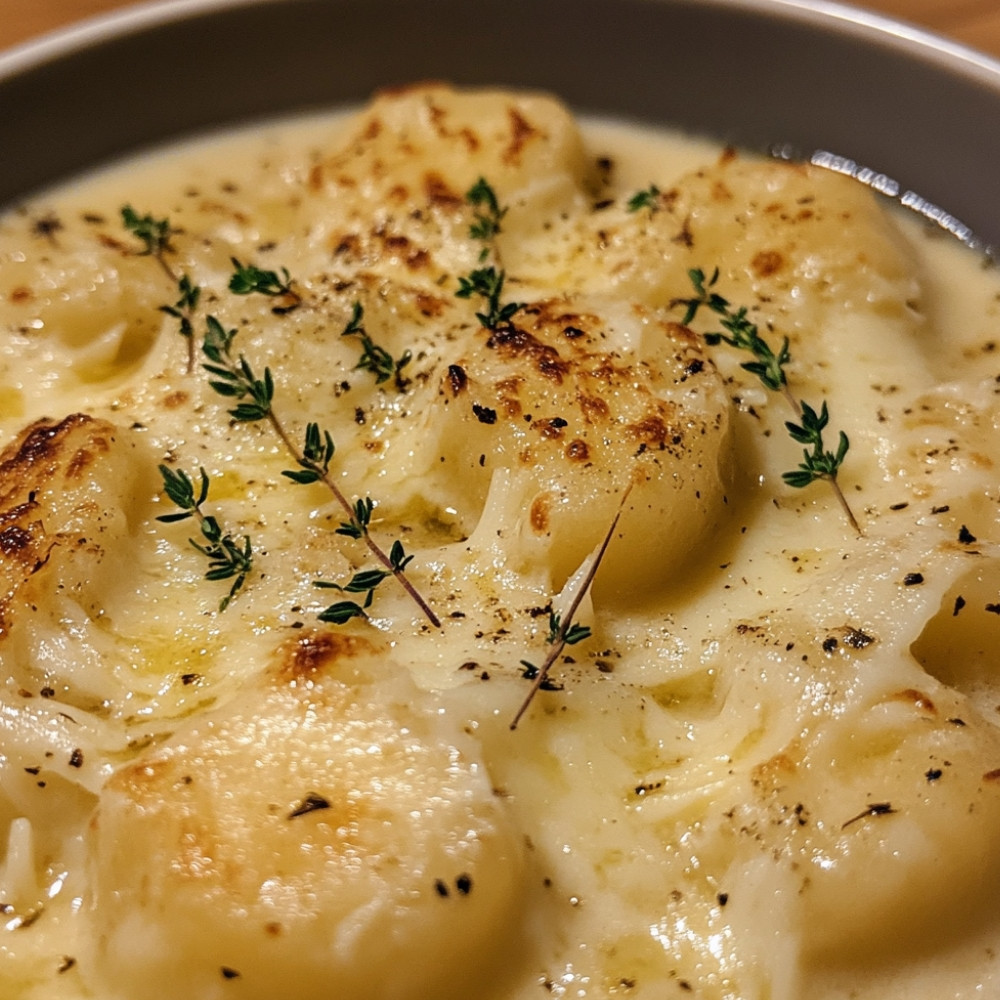 Soupe à l'oignon et gnocchis gratinée