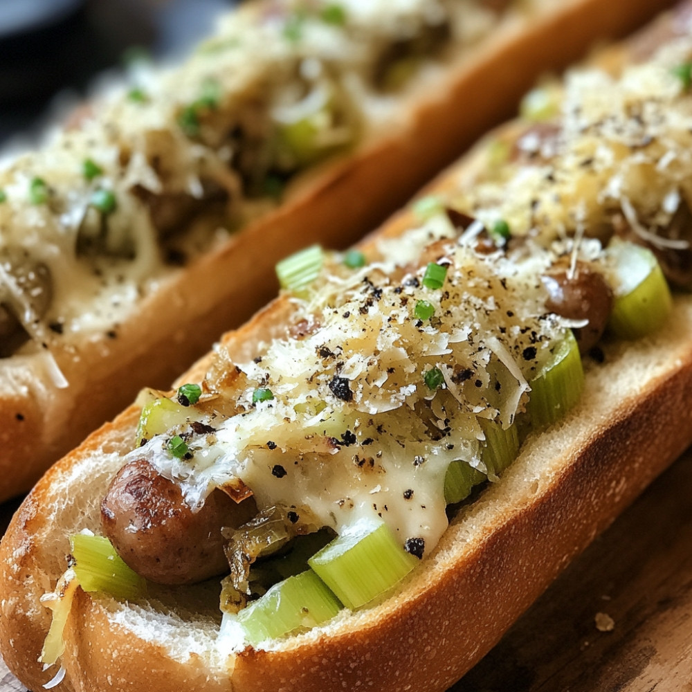 Baguette aux saucisses, poireaux et fromage à la crème