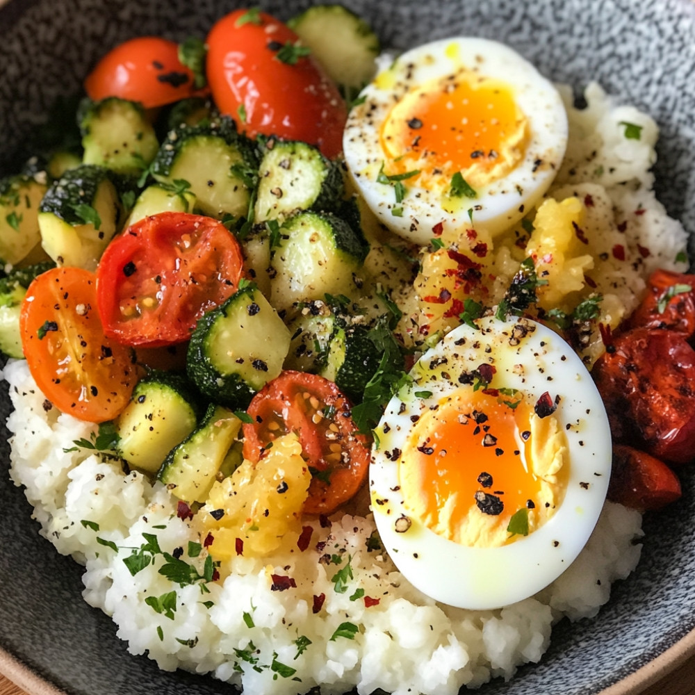 Bols aux œufs mollets, légumes rôtis et riz de chou-fleur