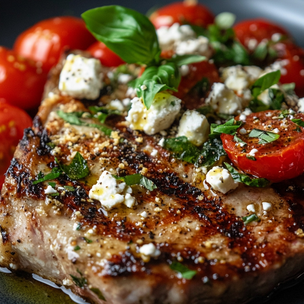 Côtelettes de porc en croûte, salade de tomates et feta