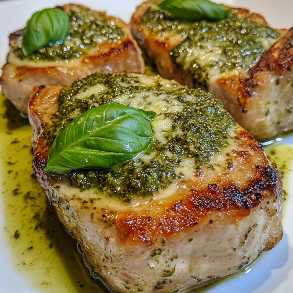 Côtelettes de porc farcies au pesto crémeux