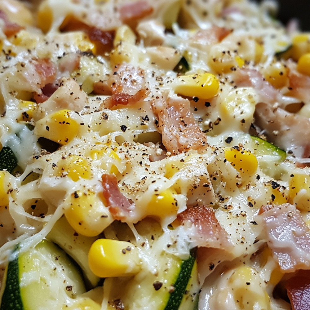 Courgettes farcies au poulet, maïs et bacon