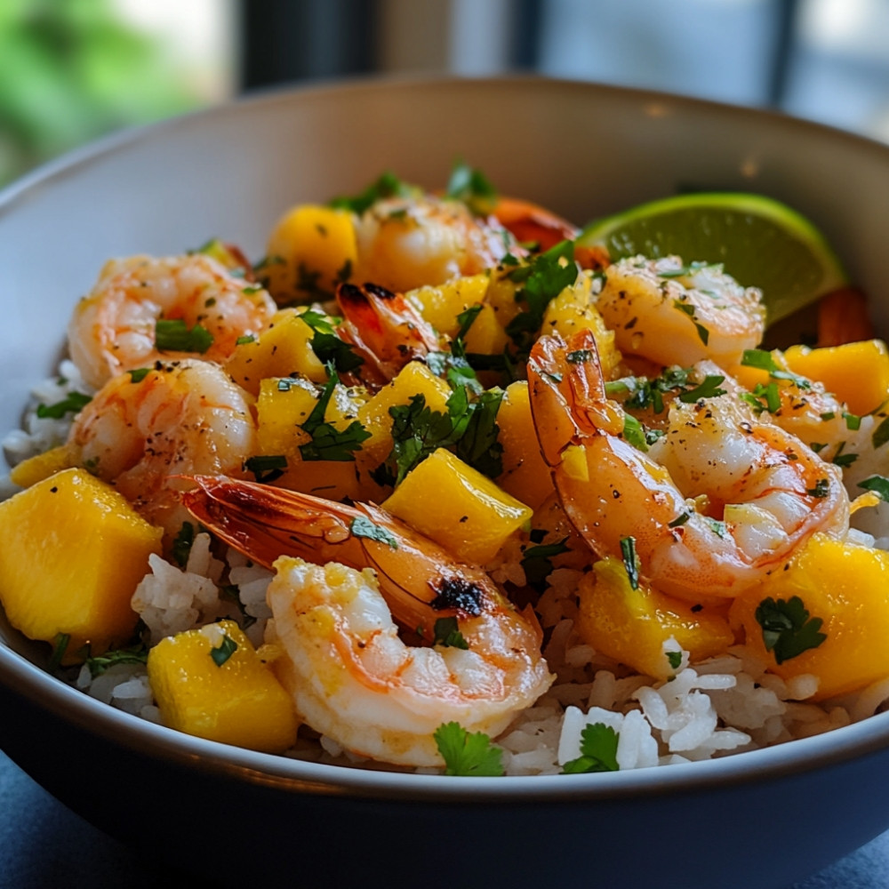 Crevettes grillées sur salade de riz et mangue