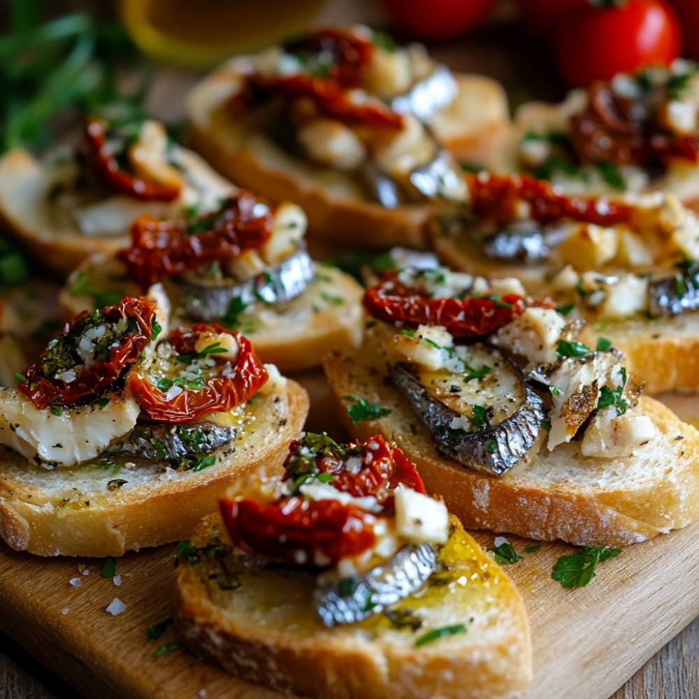 Crostinis avec feta fouettée, sardines et tomates confites