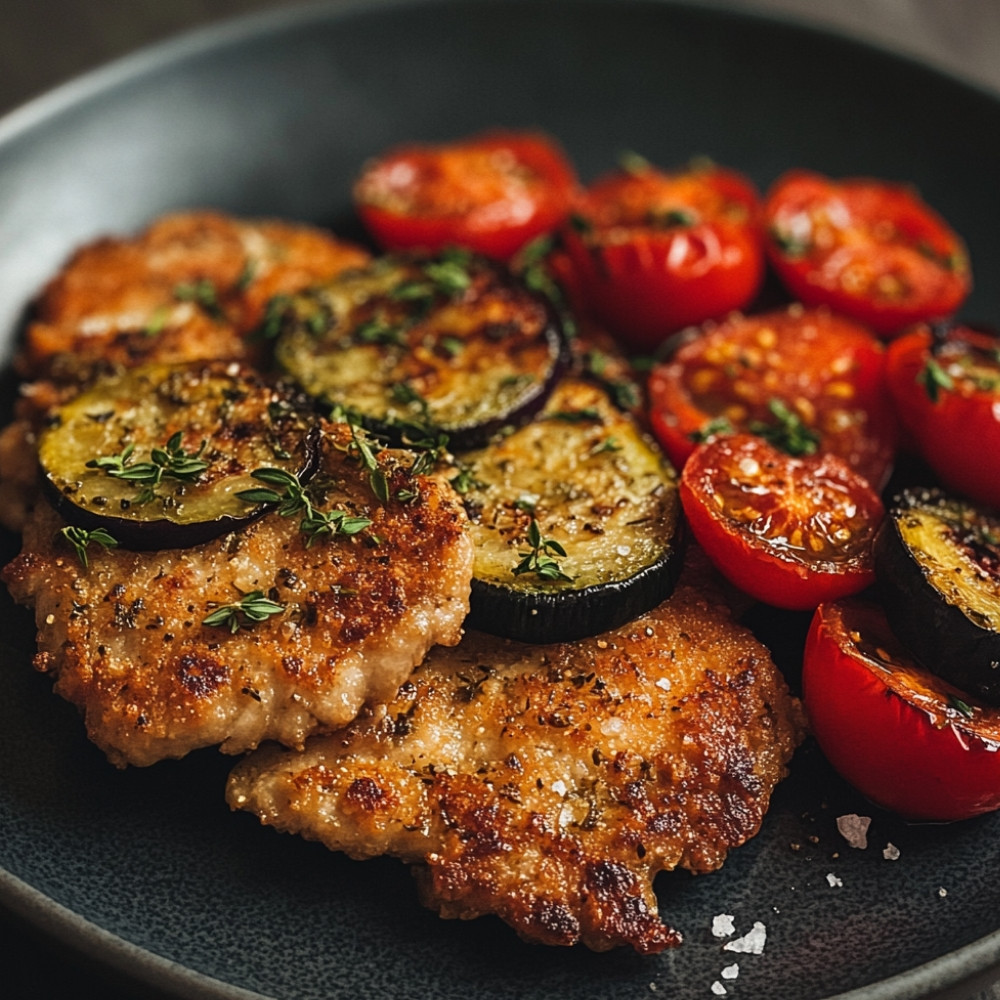 Escalopes de veau et légumes rôtis