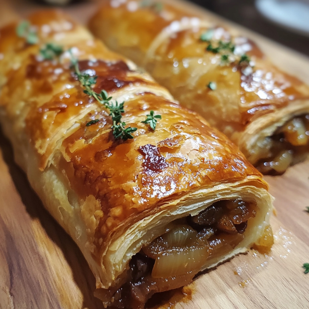 Feuilletés roulés à l'effiloché de canard, oignons confits et brie