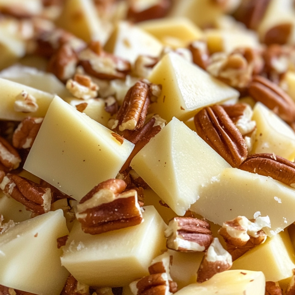 Fudge au chocolat blanc, pacanes et caramel à la poire