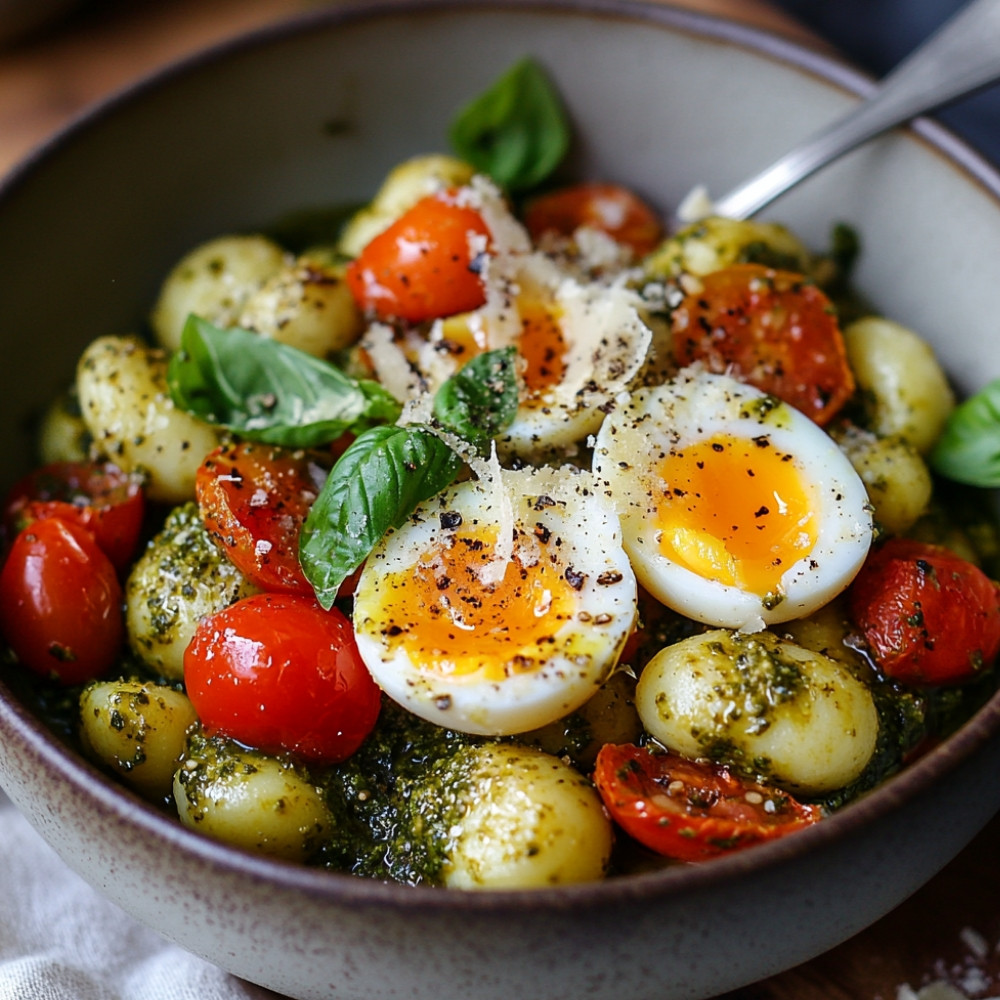 Gnocchis au pesto et œufs pochés