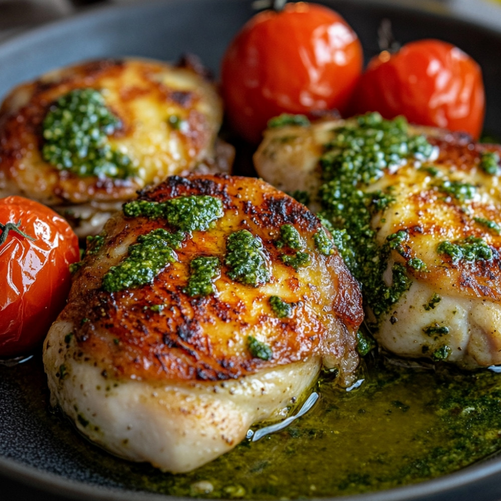 Hauts de cuisses au pesto, tomates et halloumi