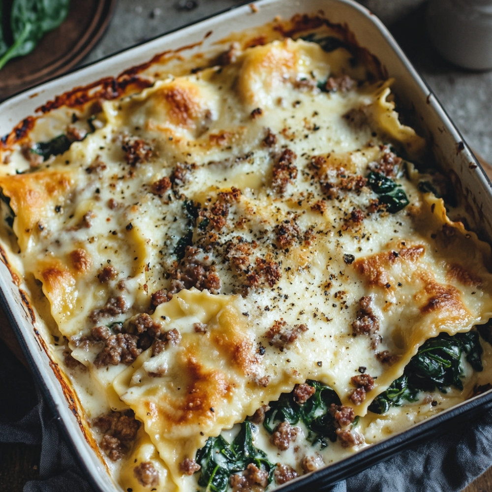 Lasagne de raviolis, épinards et saucisses