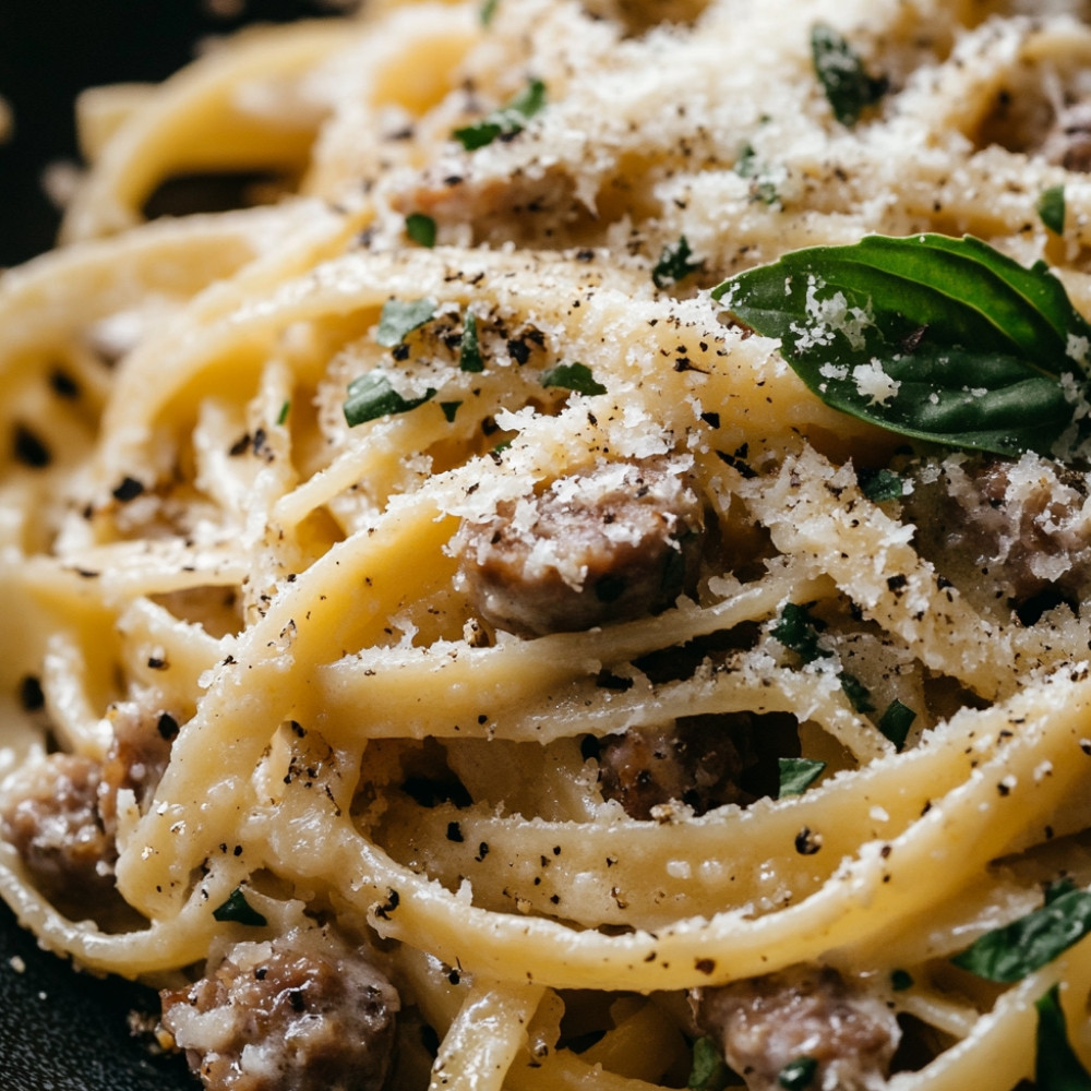 Linguines crémeux à la saucisse croustillante