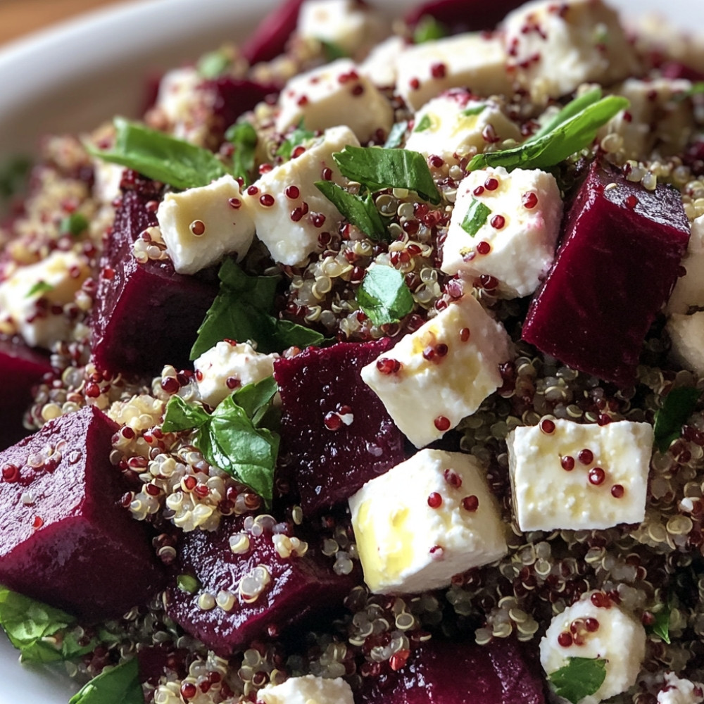 Longe d'agneau sur salade de quinoa et betteraves avec feta fouettée