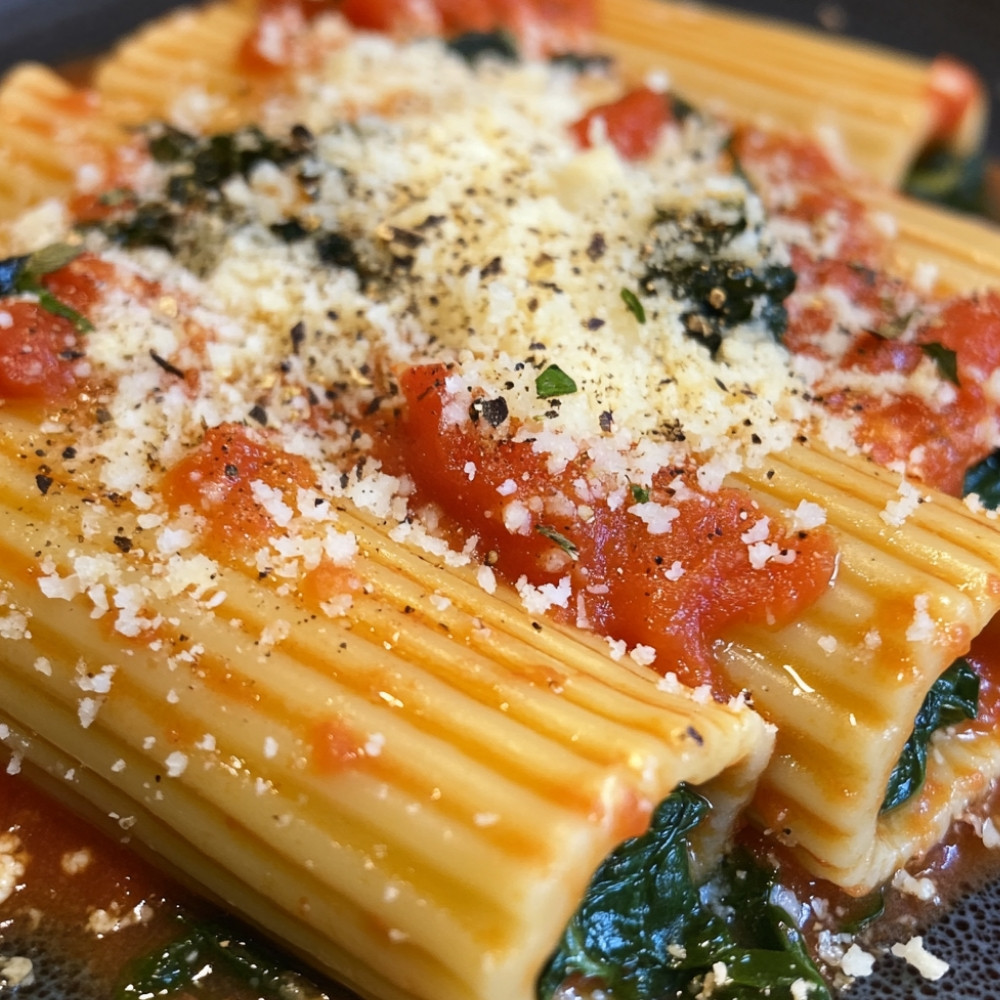 Manicotti au fromage et épinards, sauce aux poivrons rôtis