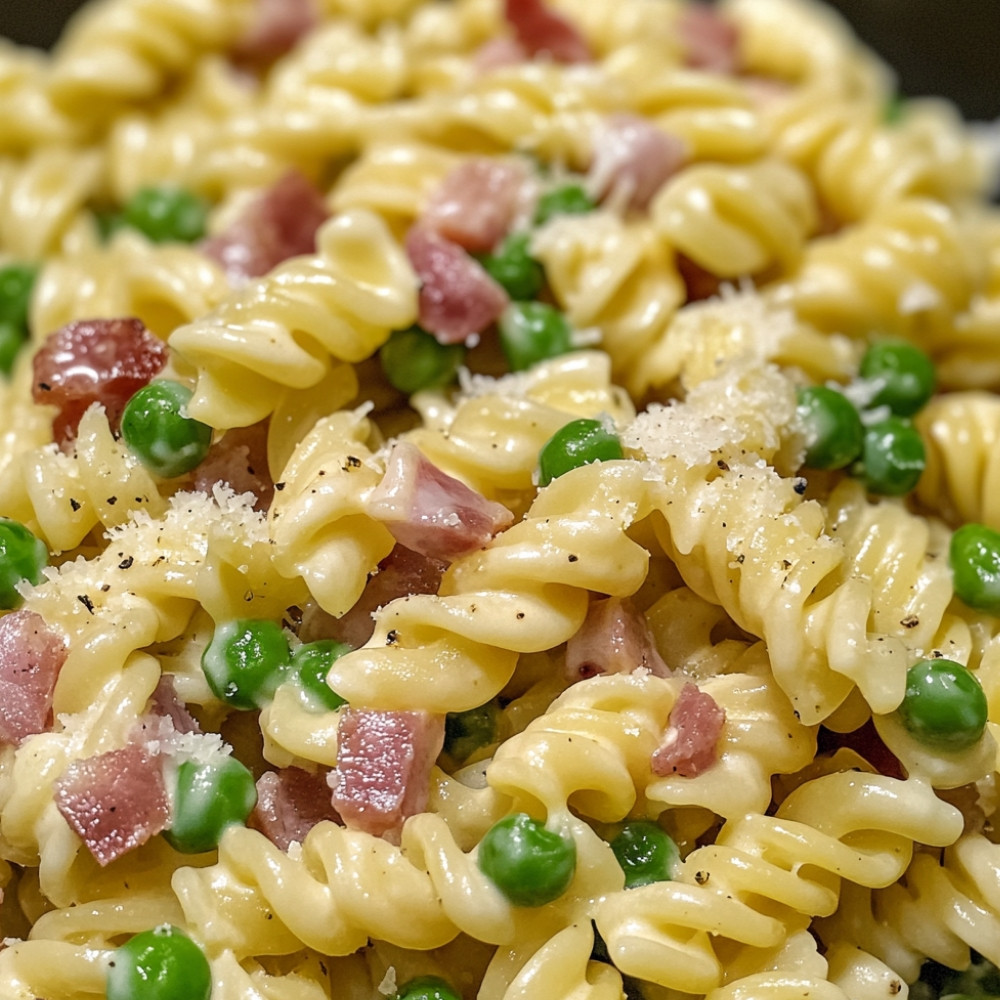 One pot de fusillis crémeux à la pancetta et aux petits pois