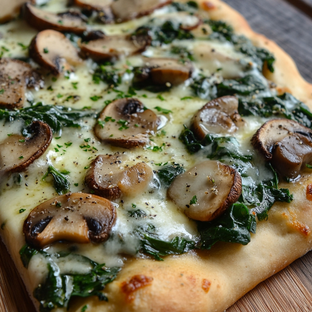 Pizza aux épinards, cheddar fort et champignons sautés