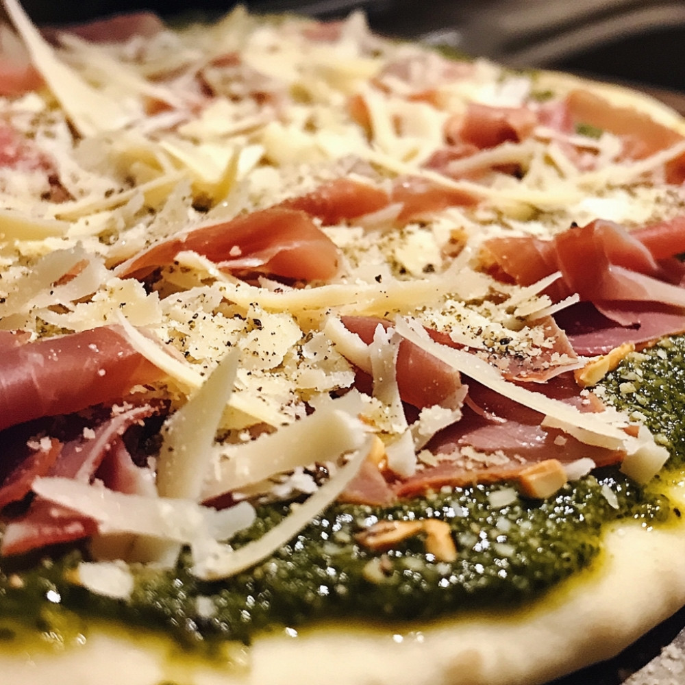 Pizzas au pesto de pistaches et prosciutto