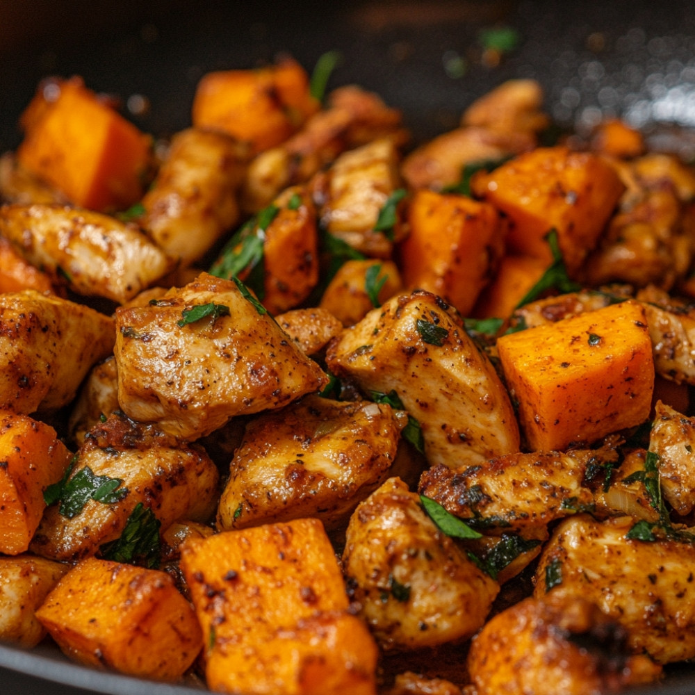 Poêlée de poulet haché et patates douces