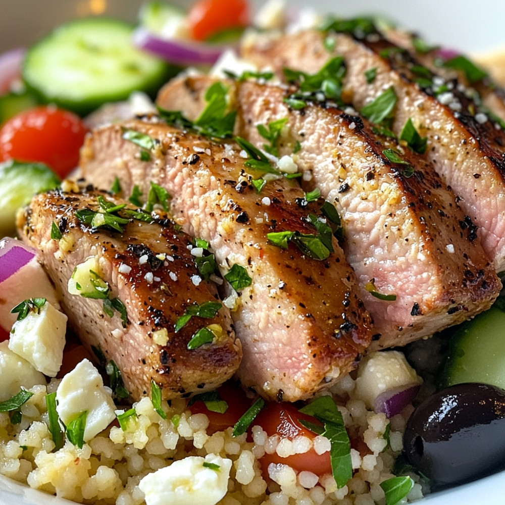 Porc assaisonné à la grecque avec couscous au citron