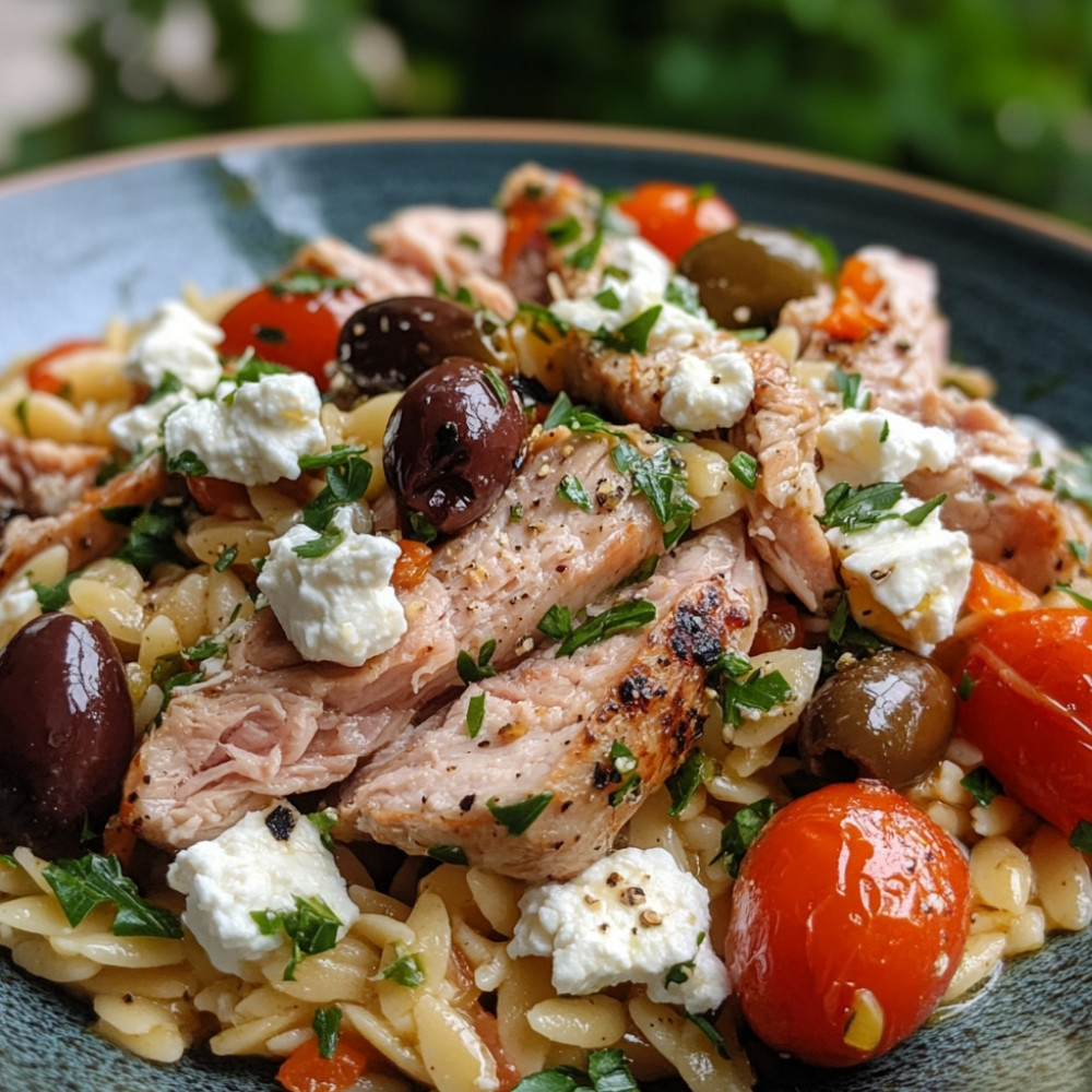 Porc mariné à l'italienne, orzo, feta et olives