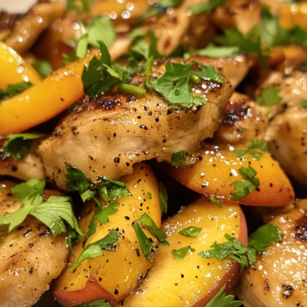 Poulet grillé au miel et à l’ail avec pêches et piments marinés