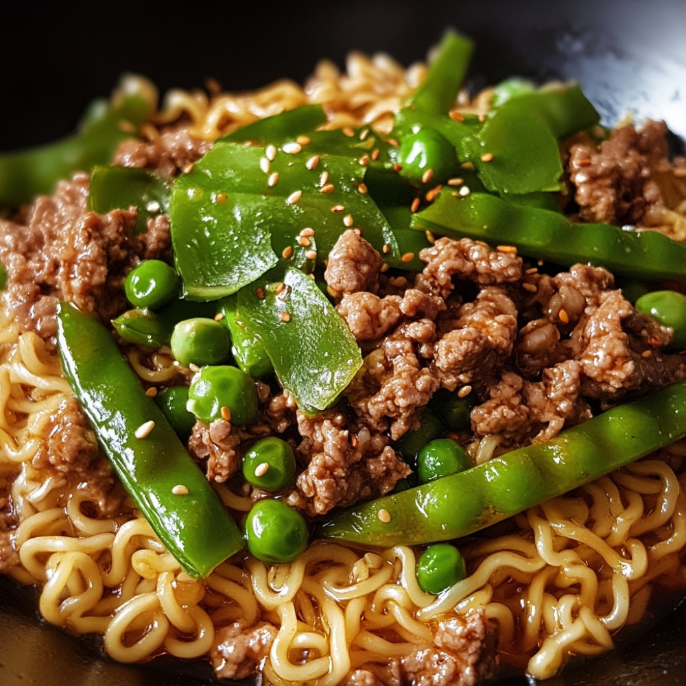 Ramen au boeuf haché et pois sucrés