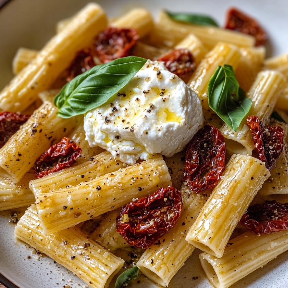 Rigatoni aux tomates confites et burrata