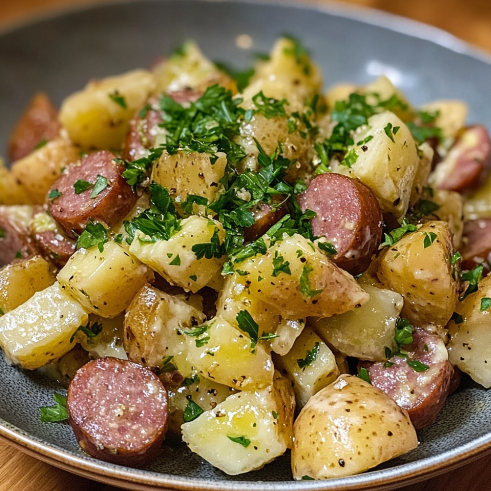 Salade de pommes de terre avec saucisse et vinaigrette à la moutarde à grains