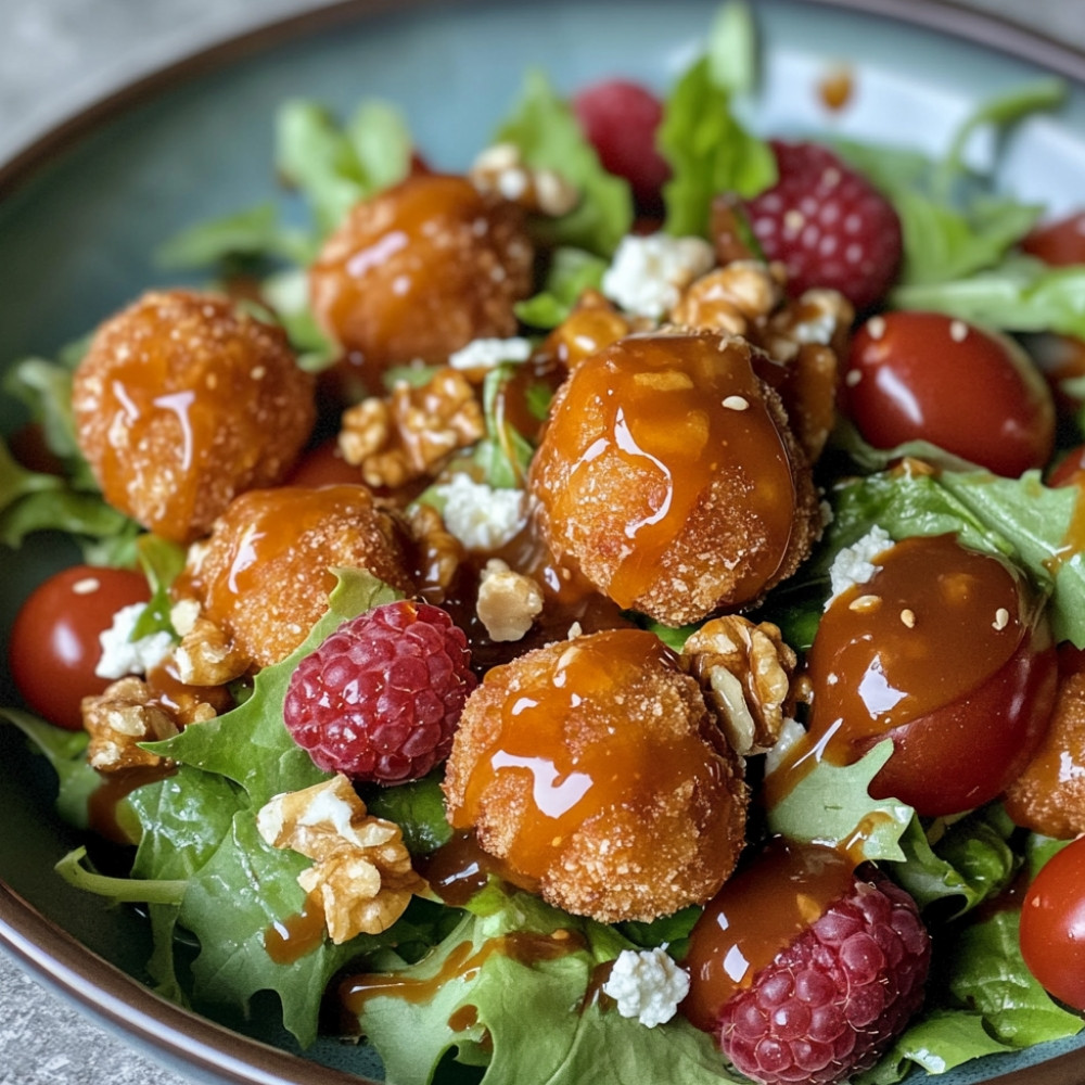 Salade garnie de boules de chèvre frites, vinaigrette au caramel framboises