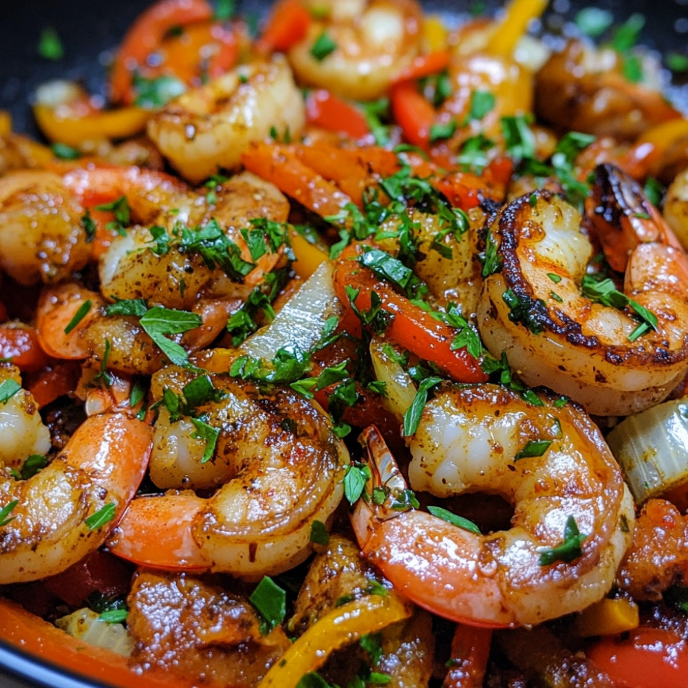 Sauté de crevettes et saucisses épicées