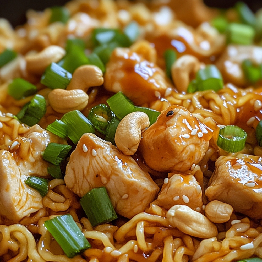 Sauté de ramens au poulet, miel et cajou