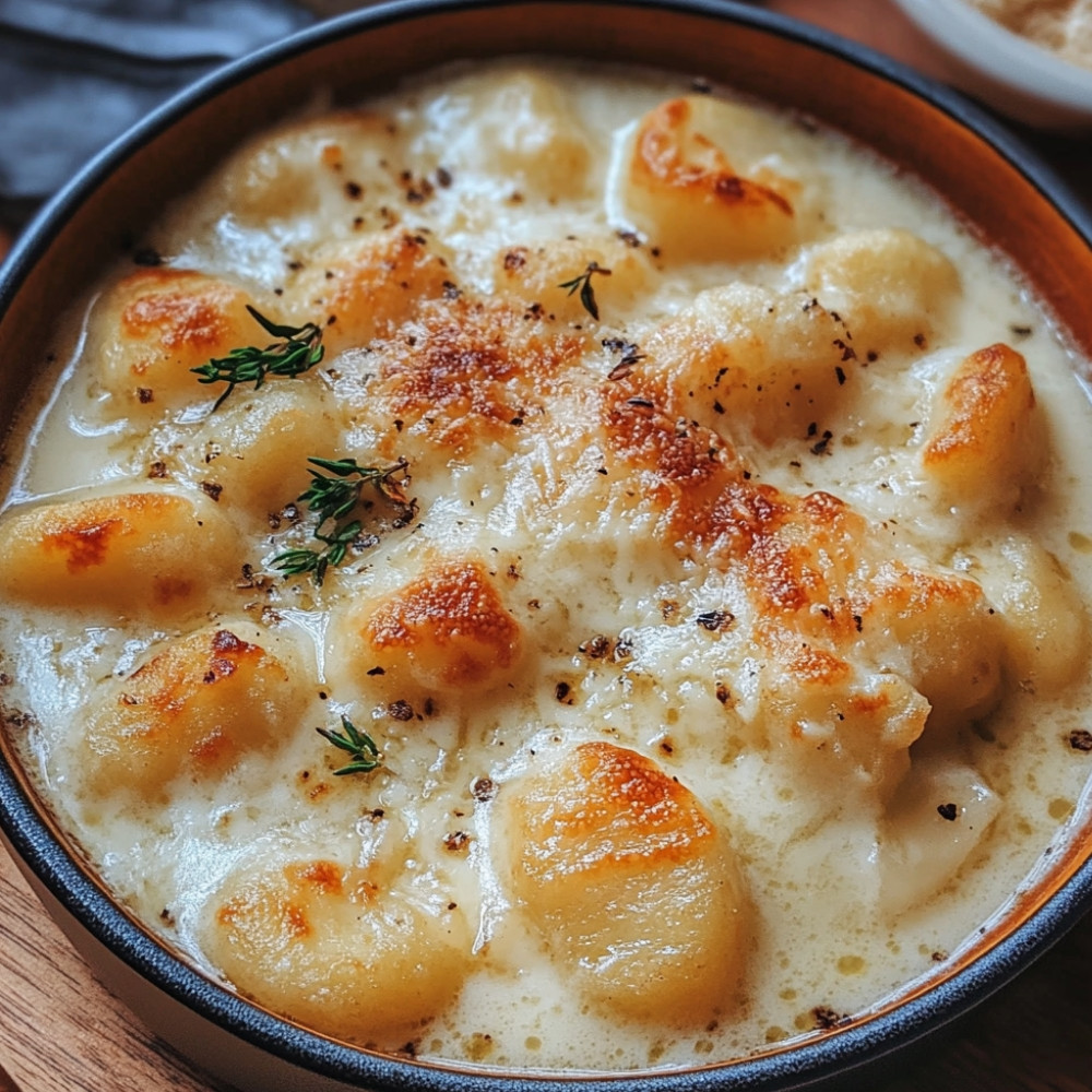 Soupe à l'oignon et gnocchis gratinée