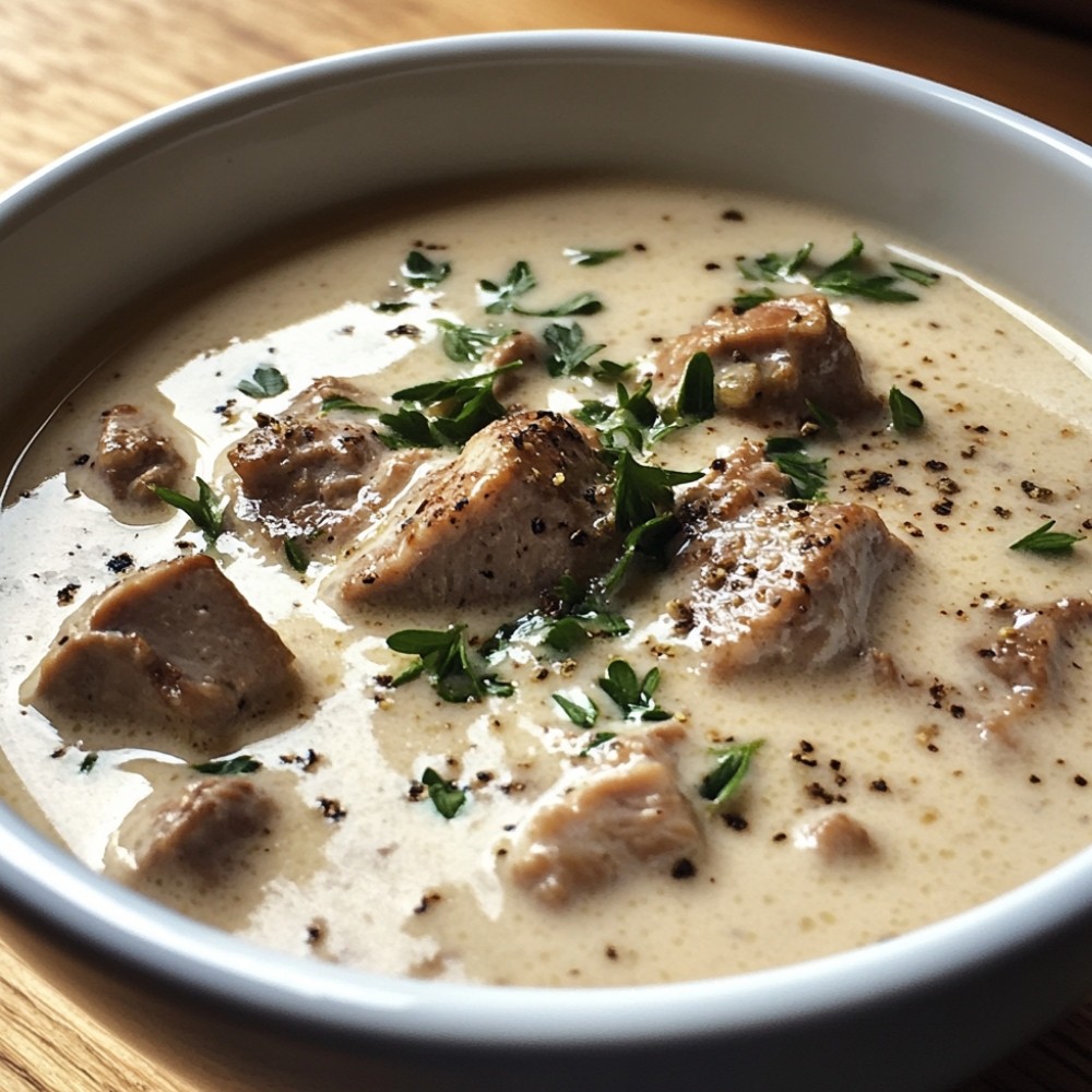 Soupe crémeuse aux cubes de veau