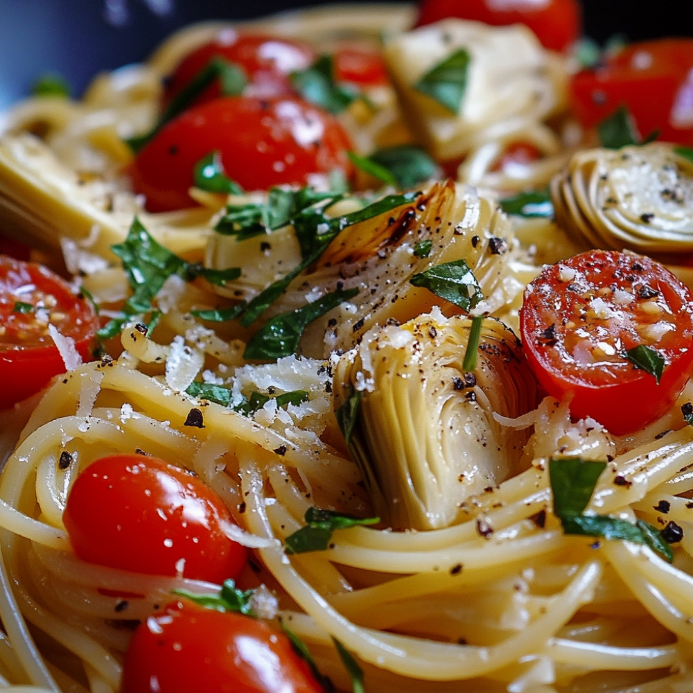 Spaghettis au citron, tomates et artichauts