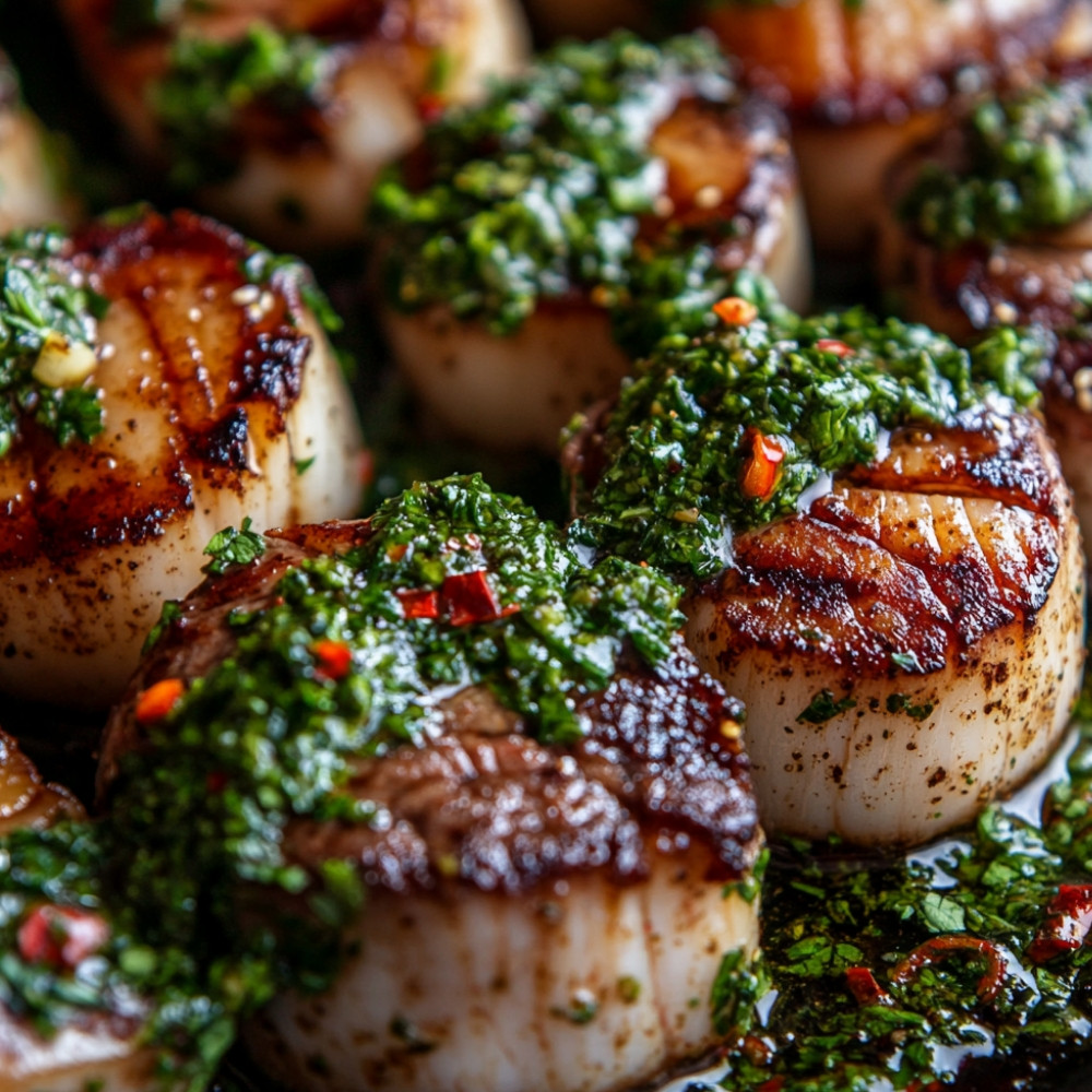 Surf and turf boeuf et pétoncles au chimichurri