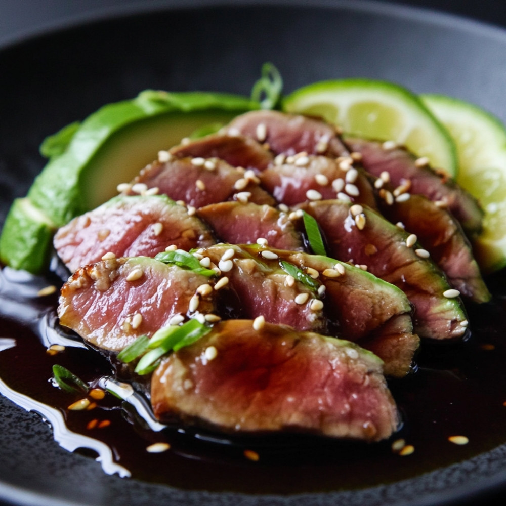 Tataki de magret de canard sur purée d'avocat