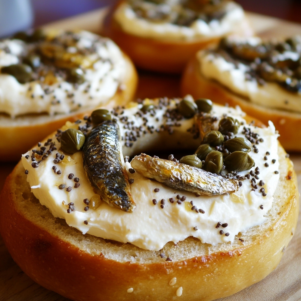 Bagels aux sardines, fromage à la crème et câpres